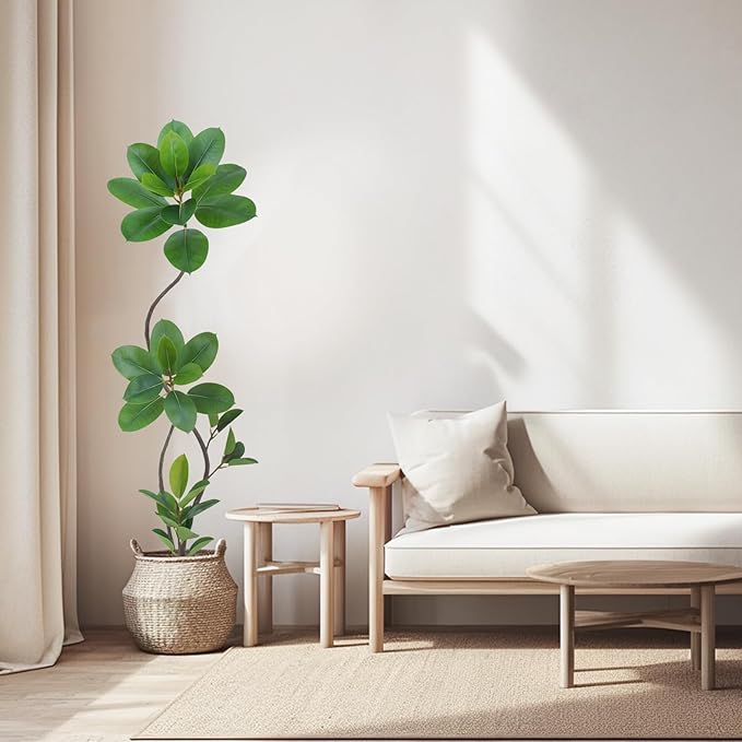 Artificial Rubber Tree Plant, 5.3ft Tall Green with Round Planter, All Season Home Decor (Green,5.3ft)