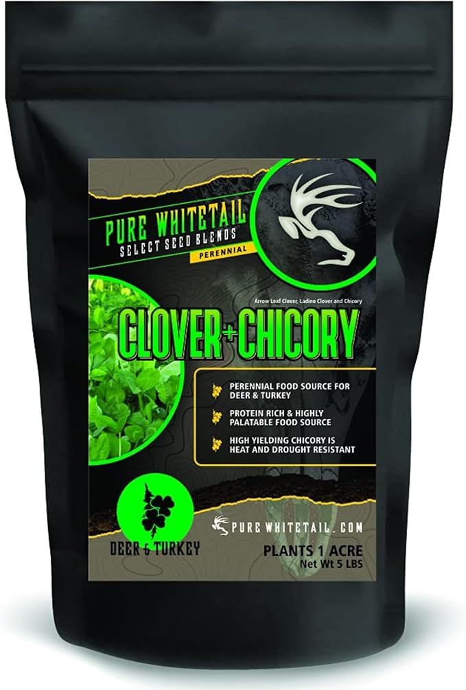 Clover/Chicory | Select Seed Blends | All Season Whitetail Deer & Turkey Perennial Food Plot Seed | Drought Resistant | Easiest Turkey & Deer Feeders | Plants 1 Acre | 5 lb Bag
