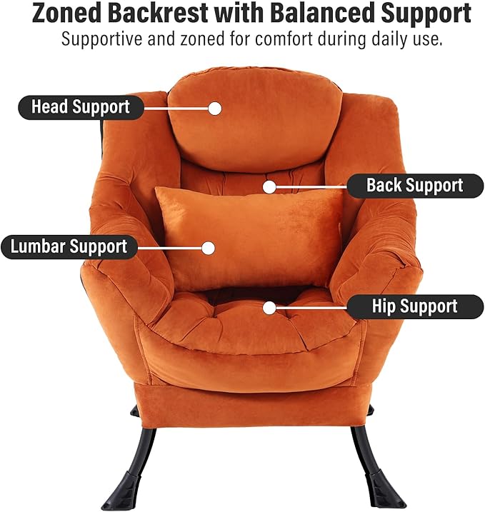 Lazy Chair with Ottoman, Modern Accent Chair with Lumbar Pillow, Comfy Chairs with Folding Footrest for Bedroom, Reading, Oversized Supportive Lounge Chairs(Velvet Orange)