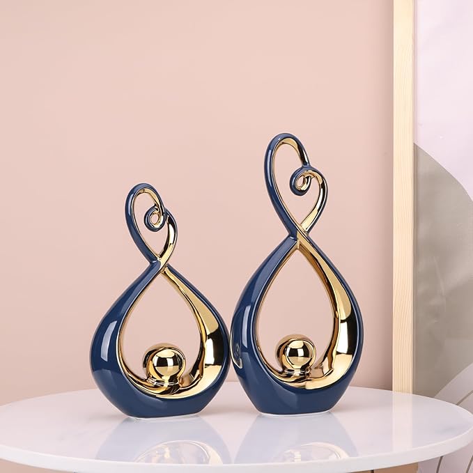 Blue Decor Accent, Porcelain Art Mid Century Modern Blue and Gold Decorations, Dining Table Objects, Abstract Ceramic Statue Sculpture - for Bookshelf Tv Stand Centerpiece Centro De Mesa