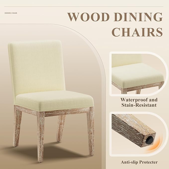 Wooden Dining Chairs Set of 2, Modern Fabric Upholstered Dining Room Chair, Kitchen Side Chairs, Farmhouse Dinner Chair with High Back for Kitchen, Beige