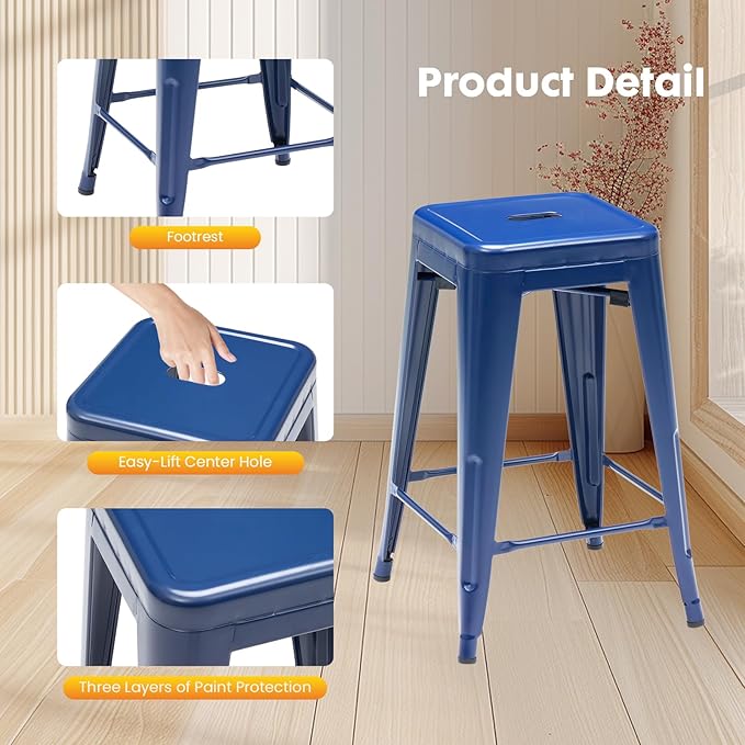 Sweetcrispy 24 Inches Metal Bar Stools Set of 8, Backless Counter Height Bar Stools for Kitchen, Outdoor Stackable Stools – No Assembly Required & Scratch-Resistant, Blue