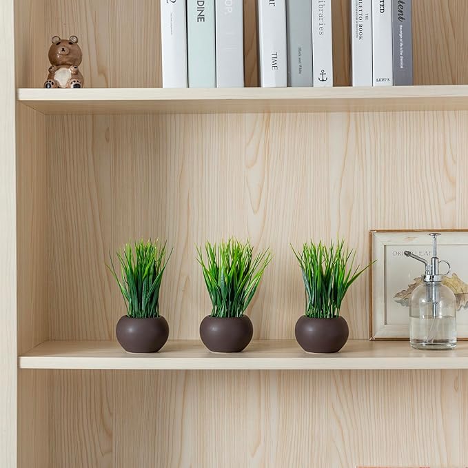 MyGift 7 Inch Tall Modern Mini Artificial Grass Plants in Small Round Brown Ceramic Pots, Decorative Tabletop Faux Greenery Indoor Home Decor, Set of 3