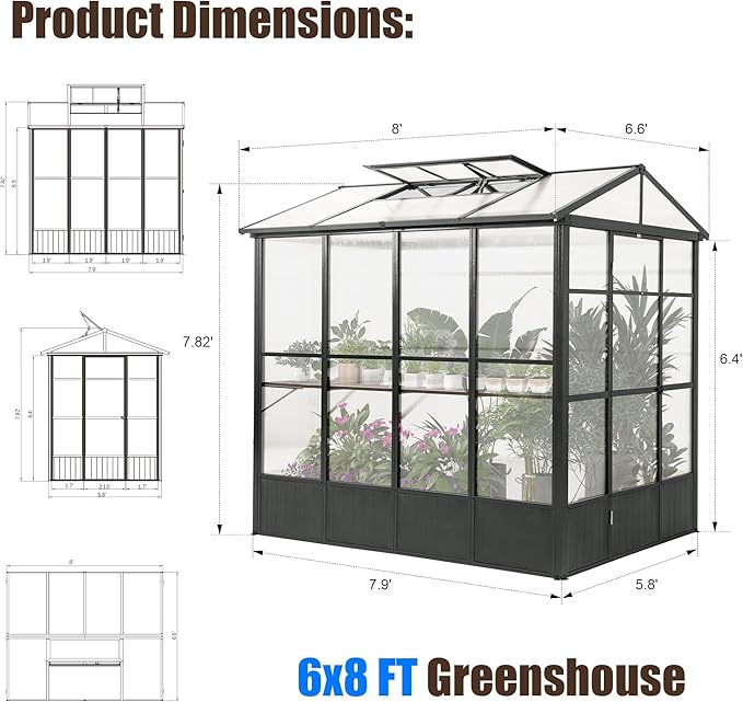 Domi 6.5x8FT Greenhouse, Polycarbonate Green House with Fully Auto Temperature Control Vent, Outdoor Full Aluminum Heavy Duty Greenhouse with Extra 7.8FT Walk-in Height for Garden Backyard, Dark Grey