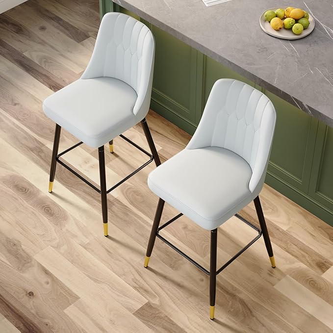 Grey Bar Stools Set of 2,27" Counter Height Bar Stools Set of 2,Faux Leather Counter Stools with Soft Padded Seat & Curved Backrest,Modern Kitchen Island Chairs for Dining Café