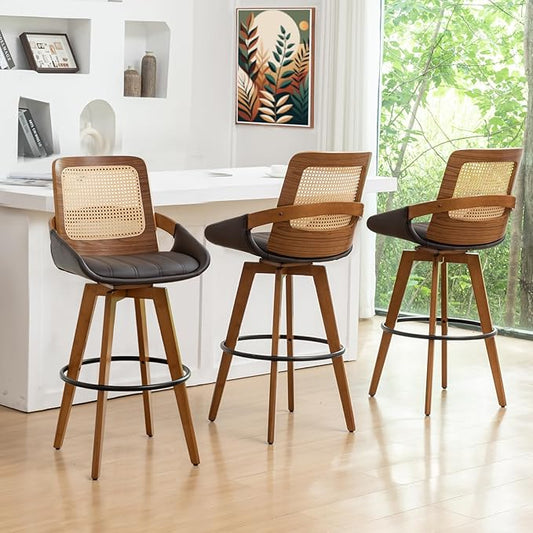 Mid Century Modern Counter Stools - 29.5 inch Swivel Rattan bar stools with Cane Back, Upholstered Faux Leather, Walnut Craftsmanship (Walnut Brown, Set of 3/30 inch)