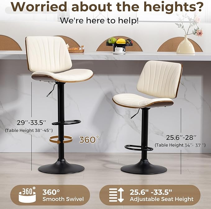 ECOTOUGE Bar Stools Set of 6, Adjustable Bentwood Barstools, Modern Swivel Bar Height Chairs with Back and Footrest for Kitchen Island, Counter, Dining Room(Ivory White/Beige)