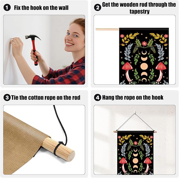 Mystical Long Tapestry Vertical Wall Hanging Cute Botanical Mushroom Moth Butterfly Bohemian Tapestry for Bedroom Aesthetic Moon Phase Plant Wall Tapestries with Tassels Black Room Decor 13x51 Inches