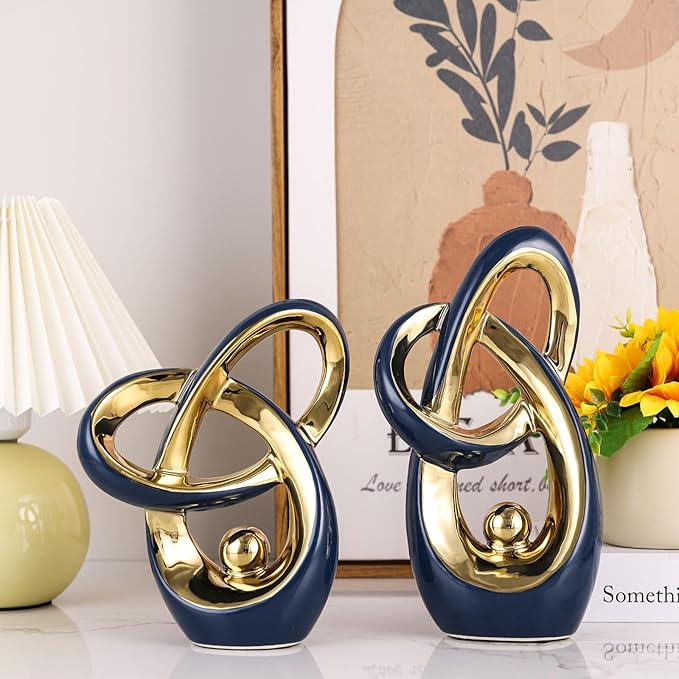 Blue Gold Modern Abstract Art Home Accents, Coffee Table Decor for Living Room, Table Centerpieces for Dining Room, Ceramic Sculptures for TV Stand Decor