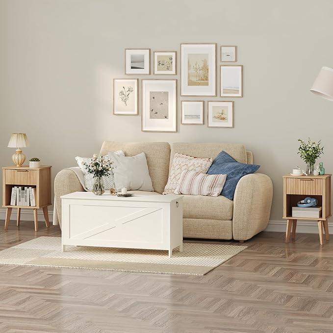 End Table, Fluted Night Stand, Modern Side Table, Bedside Table with 1 Drawer and 1 Open Compartment, Mid Century Nightstand, for Living Room, Bedroom, Study, Office, Natural ETNA6201