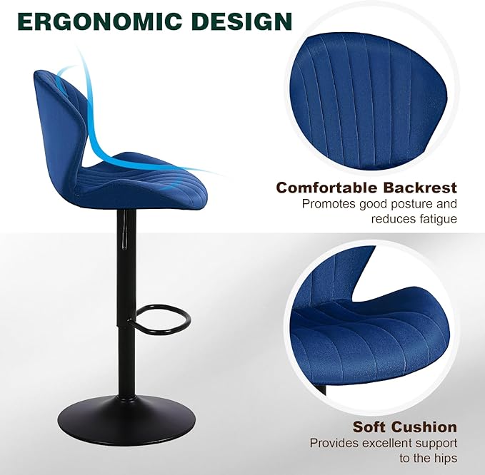 Modern Bar Stools Set of 4, Velvet Height Adjustable Swivel Barstools, Armless Kitchen Island Counter Chairs with Back & Footrest, Blue