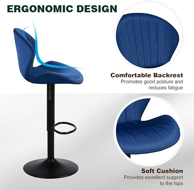 Modern Bar Stools Set of 2, Velvet Height Adjustable Swivel Barstools, Armless Kitchen Island Counter Chairs with Back & Footrest, Blue