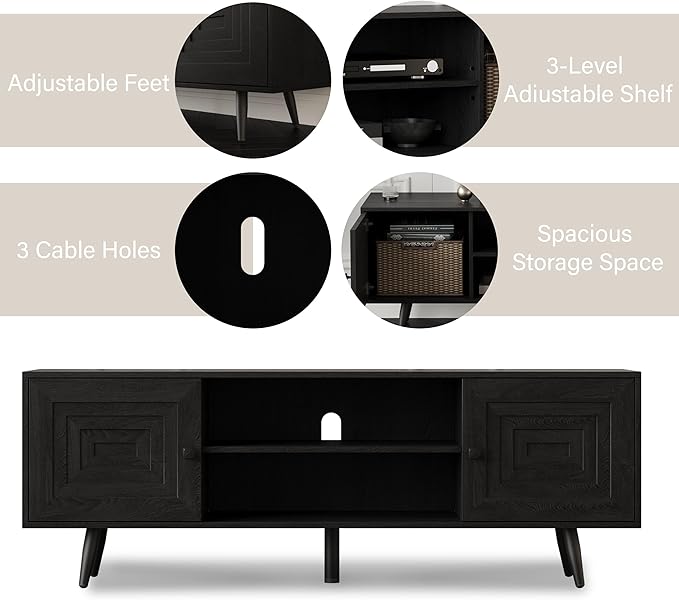 Modern TV Stand with Storage Cabinet, Wood Fashionable TV Cabinet with Waveform Panel and Adjustable Shelf, Entertainment Center TV Stand for TV, Living Room (Advanced Black