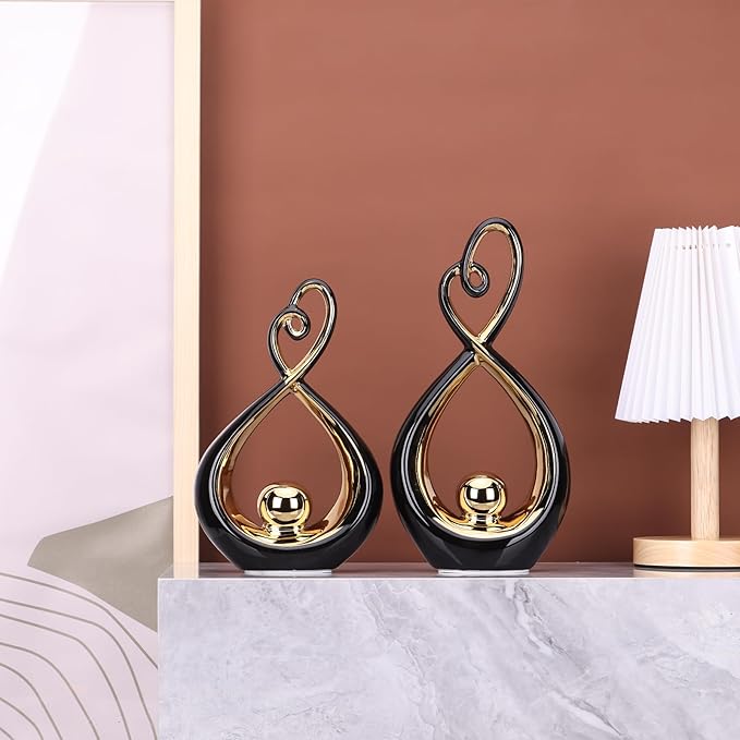 Black Decor Accent, Porcelain Art Mid Century Modern Black and Gold Decorations, Dining Table Objects, Abstract Ceramic Statue Sculpture - for Bookshelf Tv Stand Centerpiece Centro De Mesa