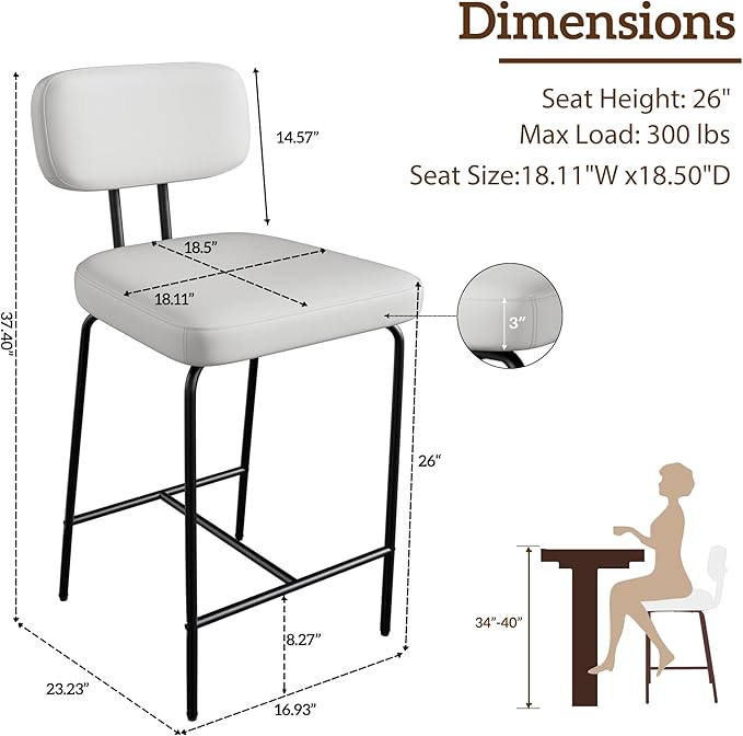 Counter Height Bar Stools Set of 2, 26" Faux Leather Kitchen Counter Stools with Backs, Metal Legs, Footrest, Bar Chairs for Kitchen Island, White