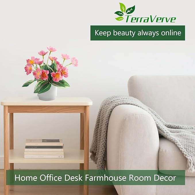 4-Piece Silk Fake Flowers Set | Artificial Plants Indoor for Living Room, Bedroom, Bathroom & Office Decor | Low Maintenance Fake Plants | Boho Style Plants Decor, Home & Bedroom Décor