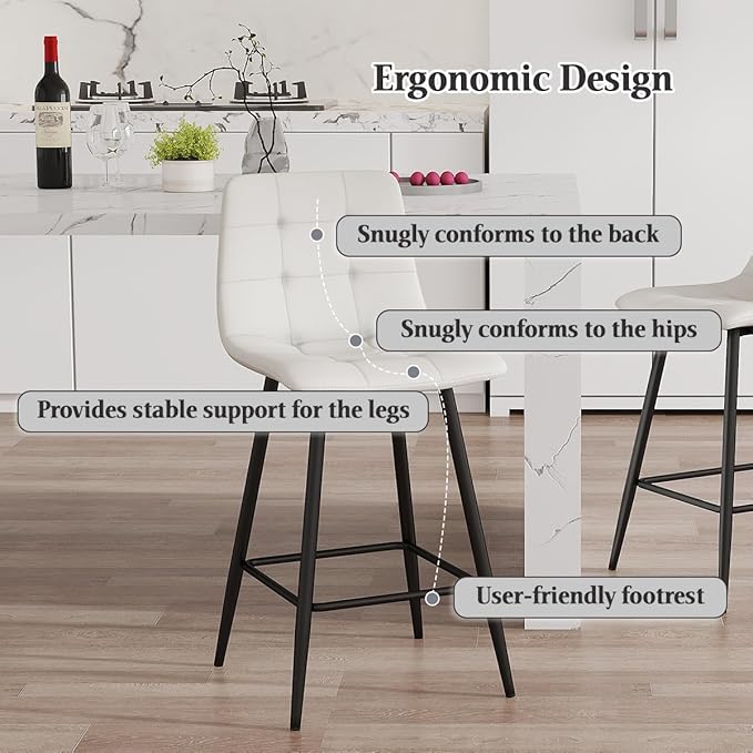 White Barstools Set of 2, 24.4" Counter Height Bar Stools with Back & Metal Footrest, Modern Island Chairs Set of 2 for Kitchens Island Home Bar