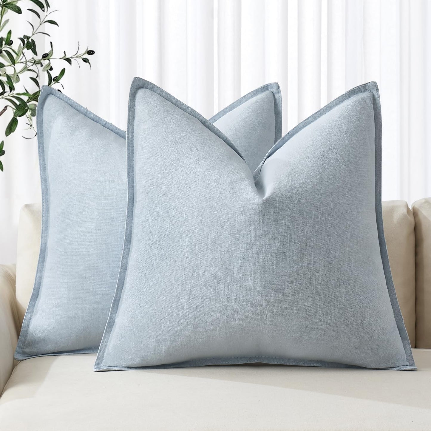 MIULEE Decorative Linen Pillow Covers 20x20 Inch Light Blue Boho Farmhouse Neutral Couch Throw Pillows for Bed Pack of 2 Accent Coastal Modern Pillowcase Summer Sofa Livingroom Home Decor