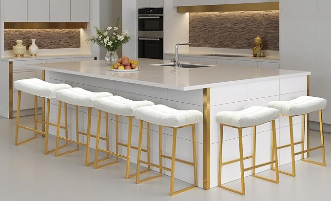 White & Gold Counter Height Bar Stools Set of 6 for Kitchen Counter Modern Backless Barstools with Upholstered Faux Leather Seat and Metal Frame Industrial 24 inch Bar Chairs