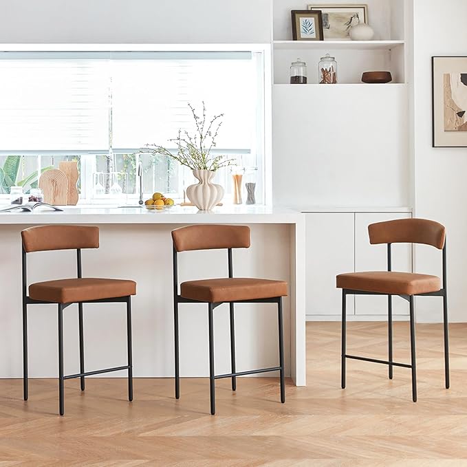 Brown Modern Bar Stools Set of 3, 24 Inch Faux Leather Counter Stools with Curved Backrest, Counter Height Bar Stool for Kitchen Island