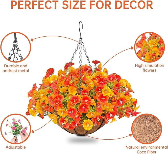 Artificial Hanging Faux Flowers Basket, Fake Silk Petunias Plants Arrangement,for Summer Fall Outdoor Decoration,UV Resistant, Morning Glorias,for Home Garden Decor (Orange&Yellow)
