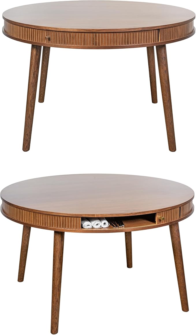 WERMO 47'' Round Dining Table for 4 People - Pre Assembled Round Kitchen Table with 2 Hidden Storages (Walnut)