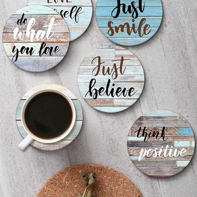 Britimes Coaster for Drinks Set of 6, Just Smile Colorful Inspiration Day Absorbent Round Ceramic Stone Mat, with Cork Base and Metal Holder, Gift for Housewarming Room Bar Decor