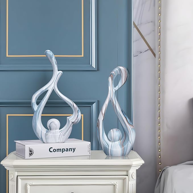 Blue Sculptures Home Decor, Ceramic Statues Coffee Table Decor for Living Room, Centerpiece for Dining Room Table, Shelf, Entry, Modern Minimalist Abstract Art Objects (2pcs)