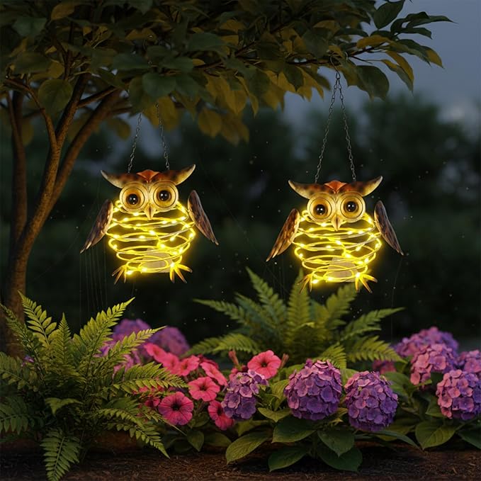 2 Pack Owl Solar Lights Outdoor Hanging Lantern with Handle, Solar Powered Owl Garden Decor for Outside Patio Yard Porch Pathway Butterfly Gifts for Women (Warm White LED Lights)