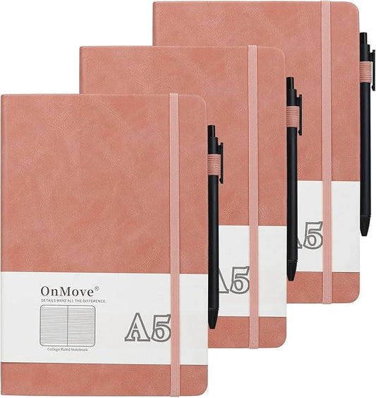 Notebooks Journal for Women Men 3 Pack Bulk Leather Hardcover with Pen Holder A5 160 Pages 100 GSM Thick Paper for Work School Lined Pink