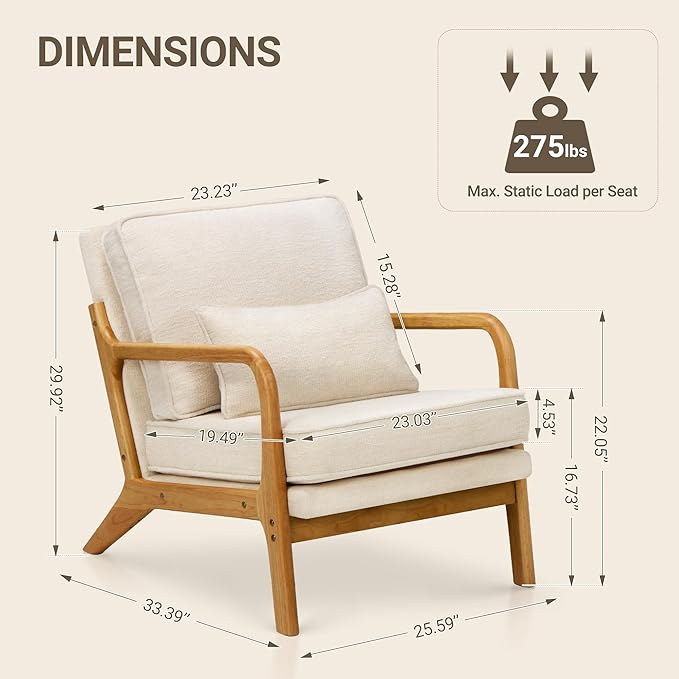COLAMY Modern Accent Chair with with Solid Wood Frame, Mid Century Reading Leisure Armchair Lumbar Pillow& Soft Cushion, Relaxing Chair for Living Room,Bedroom,Waiting Room（Beige）