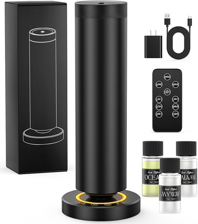 Waterless Diffuser with 90ML Essential Oils, Aromatherapy Diffuser Covers 1000 Sq Ft, Diffusers for Home Hotel, Adjustable Mist & Timer, Scent Diffuser Starter Kit with Night Light, Black
