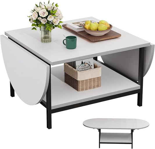 SAYGOER Modern Coffee Table White Extended Coffee Tables with Storage for Living Room 2-Tier Unique Center Table with Two Foldable Panel for Any Large or Small Space, All White