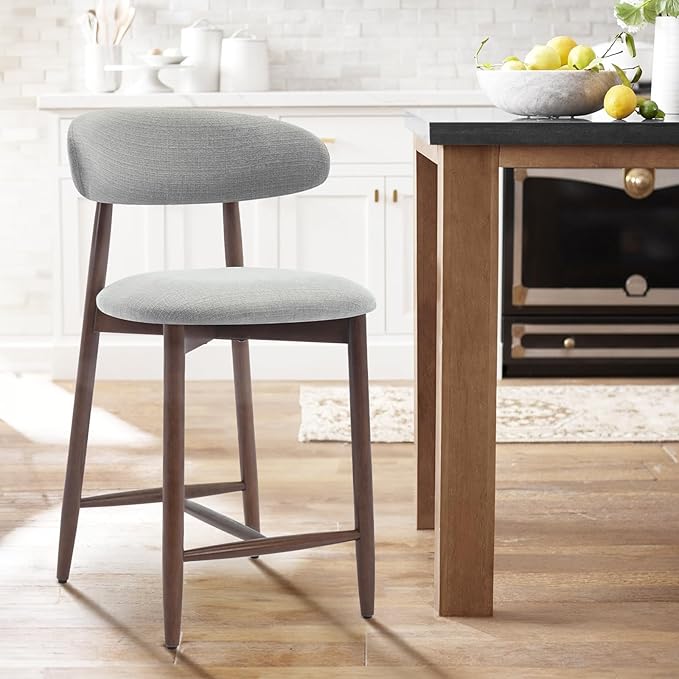 Upholstered Counter Height Bar Stools, Kitchen Island Stools with Back, Modern Counter Stools Chairs with Wood Legs for Kitchen Island Dining Room, Light Grey