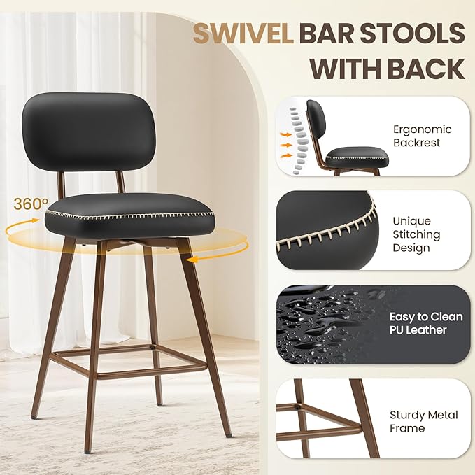 PU Leather Swivel Bar Stools Set of 2, Mid Century Counter Height Bar Chairs with Low Back and Metal Legs, Modern Bar Stool Chair for Kitchen Island, Black