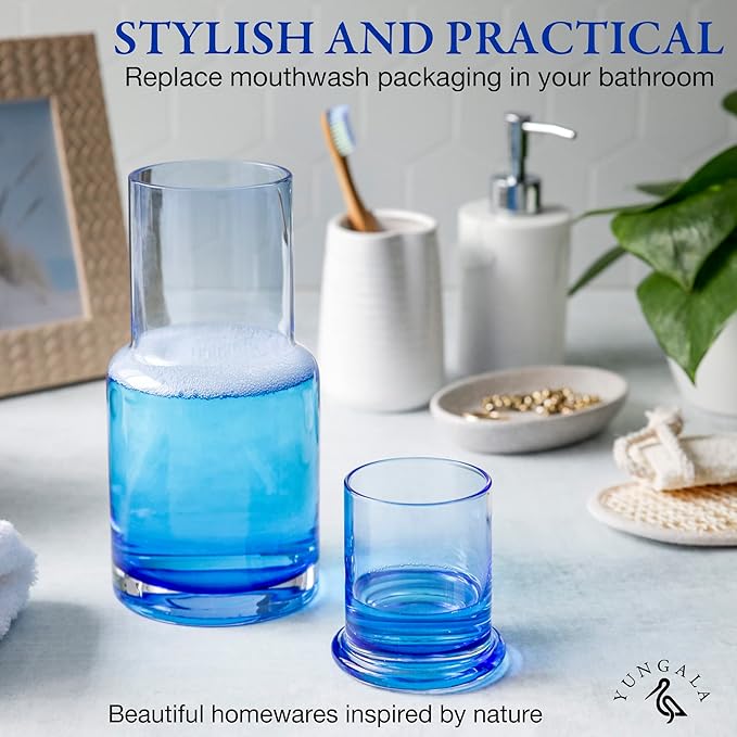 Bedside carafe and glass set, Ombre blue glass bedside carafe with glass that sits inside the carafe, drip free, modern design. 100% dishwasher safe.