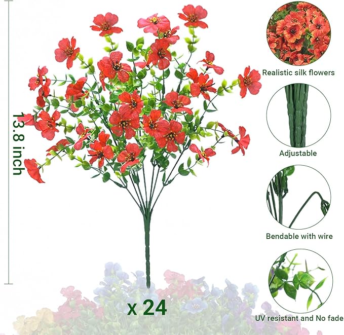 24 Bundles Artificial Flowers for Outdoors & Indoors – UV Resistant Faux Plastic Plants for Garden, Patio, Porch, Window Box, Home Decor – Lush & Vibrant Fake Flowers, Orange
