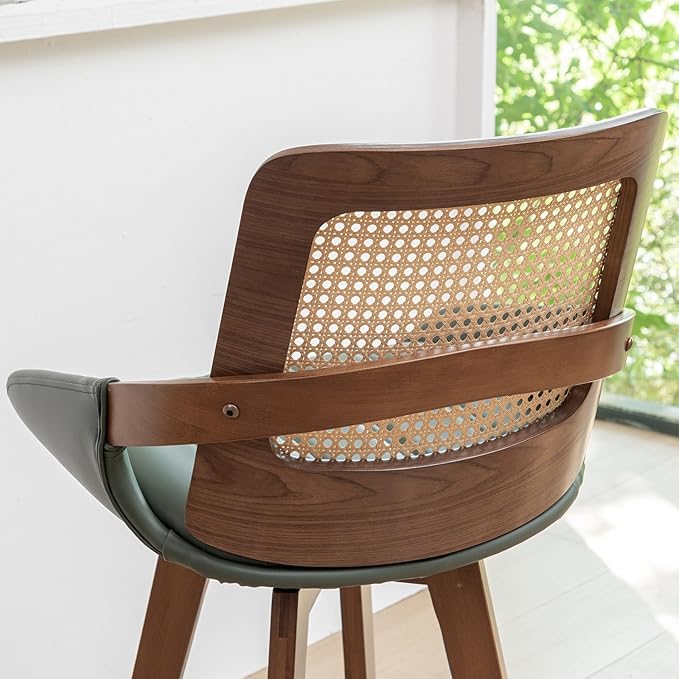 Counter Stools Set of 2 - 26.4 inch Counter Height Swivel Bar Stools with Cane Back, Curved Arms, Faux Leather Upholstered Seat, Counter Chairs for Island/Pub/Kitchen/Cafe (26" Seat Height, Green)