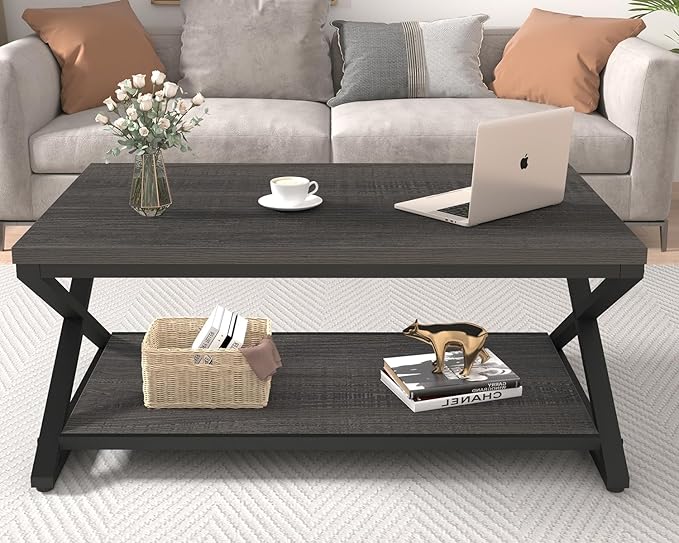 HSH Gray Storage Coffee Table, Modern Center Table for Living Room with Display Shelf, Simple Metal Wooden Rectangle Cocktail Tea Table, Minimalist Home Office Bedroom 2 Tier Coffee Table, 39 Inch