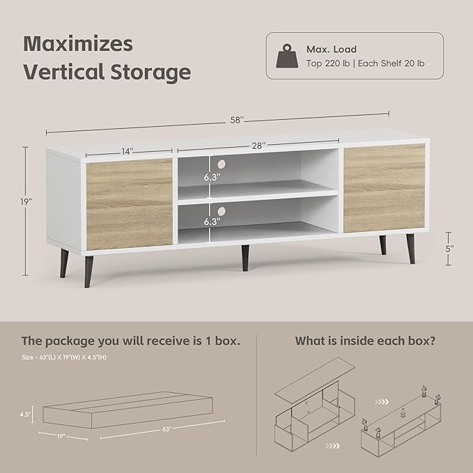 YESHOMY Modern TV Stand for 65" Television, Entertainment Center with Two Storage Cabinets and Open Shelves, Retro Style Media Console for Living Room, Bedroom, Office, 58 Inch, White and Beige