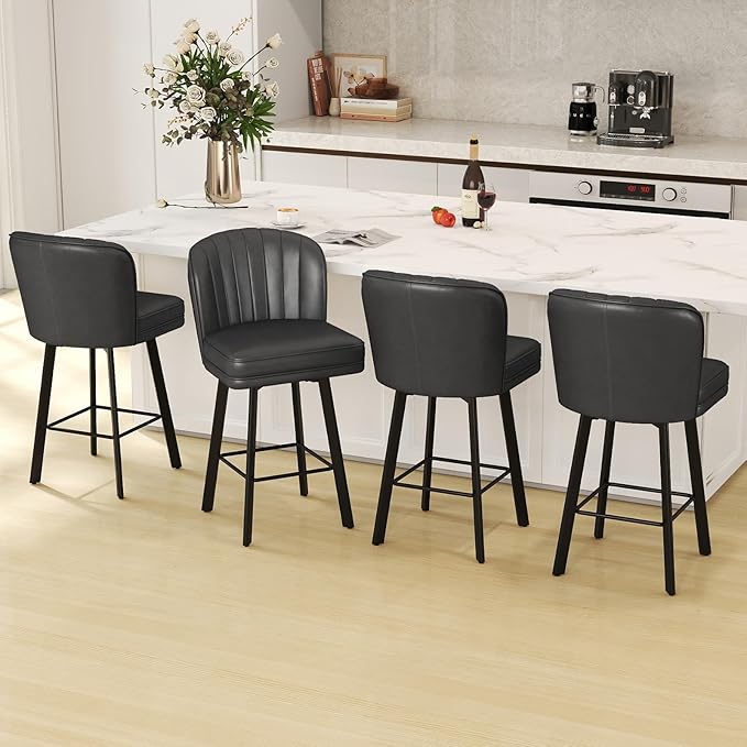 Swivel Counter Height Bar Stools Set of 2, 26'' Modern Barstools with Backs and Metal Legs, Upholstered Bar Chairs, Faux Leather Black Stools for Kitchen Island Chairs