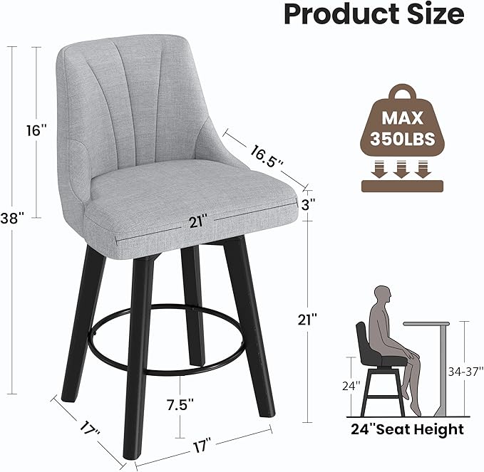 Counter Height Swivel Bar Stool, 24" Upholstered Fabric Barstools Set of 4, Counter Stool Chair with Back & Solid Wood Legs for Kitchen Island Dining Room (Light Gray)