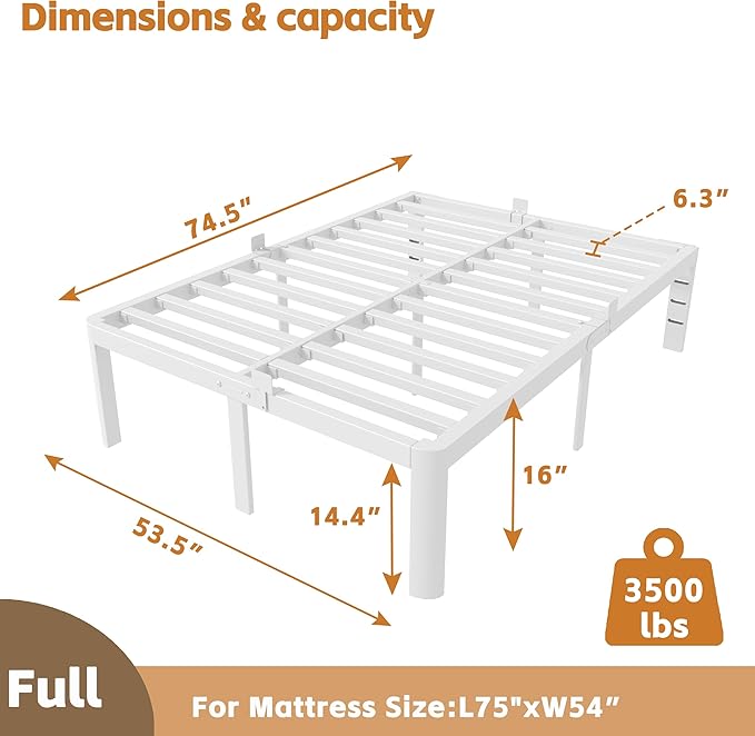 16 Inch Full Bed Frames, Platform Bed with Metal Gaskets, No Box Spring Needed, Anti-Slip Mattress Stopper, Heavy Duty Steel Slat Support, Round Corner Leg, Easy Assembly, White