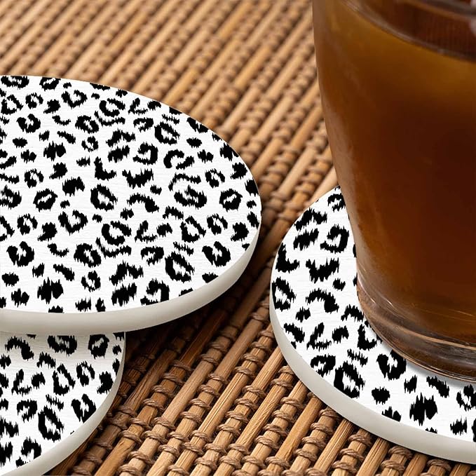 Leopard Print Drink Coaster Wild Animal Skin Pattern Art Black and White Spotted Leopard Beautiful Home Decor Diatomite Heat-Resistant Diatomite 4 Inch for Cold Drinks Wine Mugs Cups