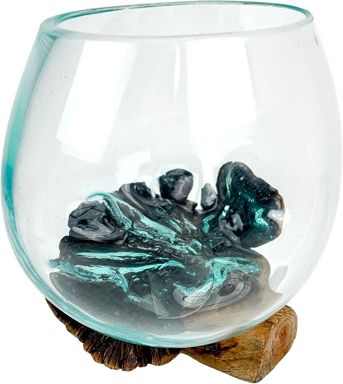 Melted Glass on Burl Wood Decorative Bowl, Vase, and Terrarium Planter - Approximately 5 Inches High - Nature-Inspired Artistry for Home and Garden