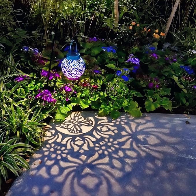 Outdoor Solar Hanging Lantern Lights Metal LED Decorative Lamp for Garden Patio Courtyard Lawn and Table with Hollowed-Out Design (Royal Purple)