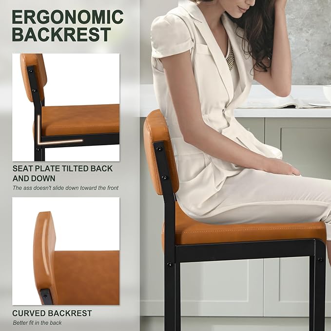 Mid Century Modern Counter Height Bar Stools Set of 3, 26" Bar Height Chairs with Backs, Upholstered Counter Stools, Metal Barstools for Kitchen Island (Brown- Faux Leather, 26"H - Set of 2)