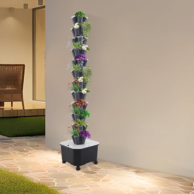 60 Hydroponics Growing System Kit 12 Layers Hydroponic Tower Indoor Outdoor Gardening System with 6.6gal Water Tank & Four Universal Wheels Vertical Garden Planter Kits for Balcony, Corridor, Office