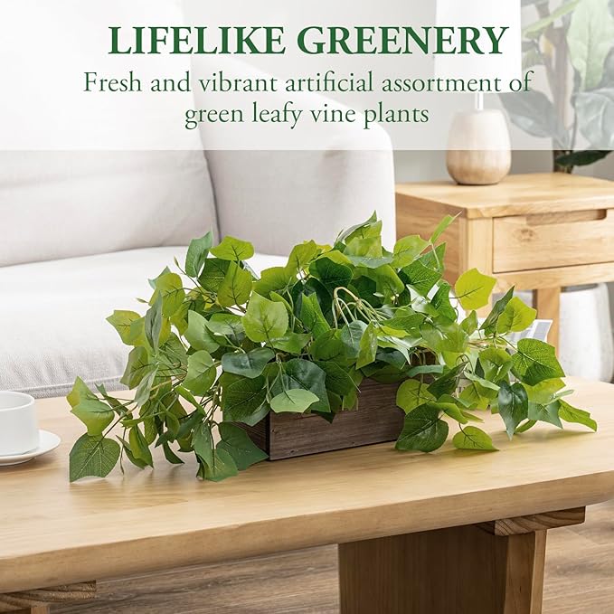 MyGift Vibrant Lifelike Artificial Plant Grape Leafy Vine Greenery in Rustic Brown Solid Wood Rectangular Planter Box
