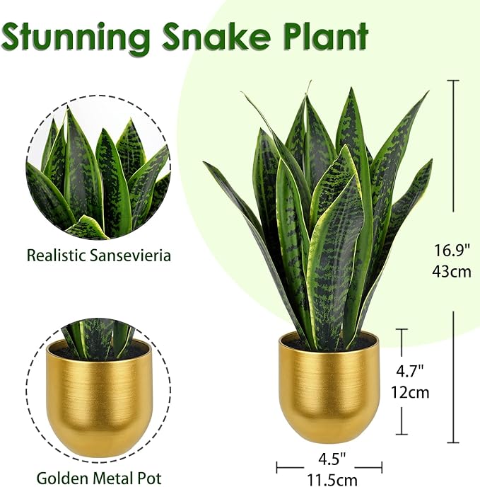 Briful Fake Plants 17" Artificial Snake Plant Faux Plants in Gold Pot Tropical Sansevieria Silk Plant Fake Potted Plants Indoor for Home Living Room Bathroom Office Housewarming Gift Decor